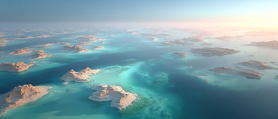 Aerial View Of Tropical Islands At Sunrise With Turquoise Water And Hazy Horizon