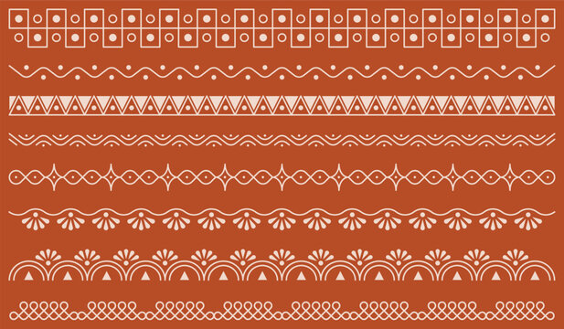 Tribal Border Pattern Set &ndash; Ethnic Geometric Line Ornament Collection in Terracotta Style
