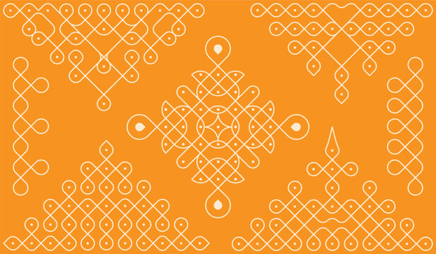 Indian Kolam Pattern &ndash; Traditional Geometric Rangoli Line Art on Orange Background