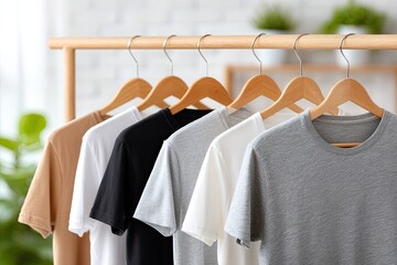 Assortment Of Plain Tshirts In Neutral Colors Hanging On Wooden Hangers In A Minimalist Closet Display Soft Natural Light Illuminating The Fabric Textures