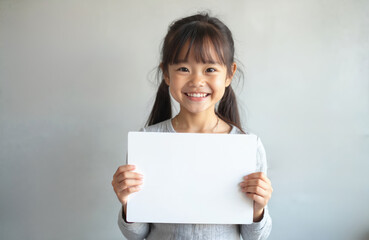 Fototapeta premium Smiling asian child holds blank white board, ready for message. Small happy girl poses with empty paper sign on gray background. Kid promotes idea, presents info, displays text.