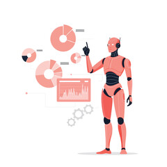 Flat illustration of robot analyzes data and points up artificial intelligence