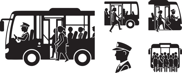 School bus icons: boarding, passengers, driver, and group