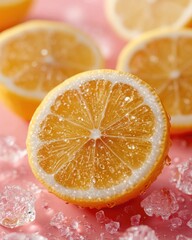 Close-up Macro View Of A Vibrant Yellow Lemon Slice With Juicy Segments And Sparkling Water Droplets Surrounded By Crushed Ice Cubes On A Soft Pink Background With Subtle Lighting
