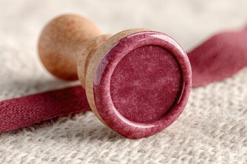 Close Up Macro View of a Wooden Seal Wax Stamp with Glittering Burgundy Wax and Burgundy Ribbon on a Textured Beige Fabric Background in Soft Natural Light