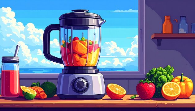Blender with Fruits and Vegetables on Wooden Countertop.