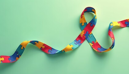 Puzzle ribbon on green background. Autism awareness symbol with colorful puzzle pattern. World autism day awareness month concept. Raising awareness about autistic spectrum disorders like asperger