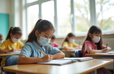 Children wearing face masks attend school during the pandemic. Pupils sit at desks in classroom. Students study at lessons after quarantine. Back to school concept with kids learning.