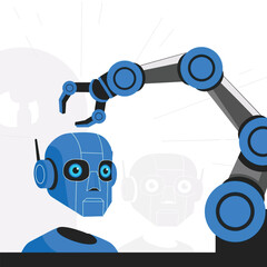 Flat illustration of robotic arm reaching for a blue robot head