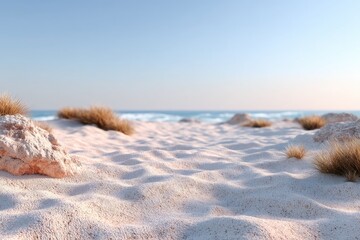 Close up Macro View of Beige Sand Desert Surface Under Bright Sunlight with Ocean Horizon and Clear Blue Sky