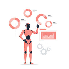 Flat illustration of robot presenting data and charts, artificial intelligence