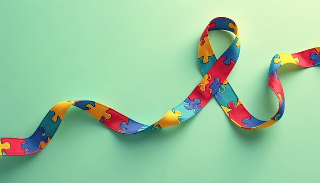 Puzzle ribbon on green background. Autism awareness symbol with colorful puzzle pattern. World autism day awareness month concept. Raising awareness about autistic spectrum disorders like asperger