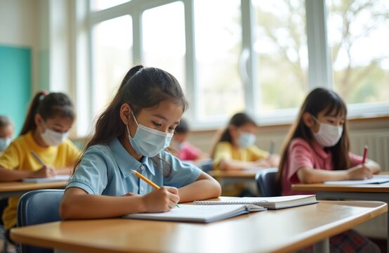 Children wearing face masks attend school during the pandemic. Pupils sit at desks in classroom. Students study at lessons after quarantine. Back to school concept with kids learning.