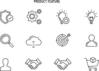 Product Feature Line Icons Set. Security, Gears, Idea, Cloud, Target, User, Handshake, Shopping Cart. Minimal Outline Pictograms for Web  Mobile Apps.