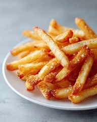 Close Up Macro View of Crispy Golden French Fries Sprinkled with Salt in a White Bowl on a Gray Surface