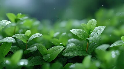 Close Up Macro View of Fresh Green Mint Leaves Covered in Water Droplets in Soft Natural Light Against a Blurred Green Background