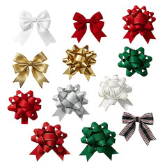 Collection of festive decorative bows in various colors and textures