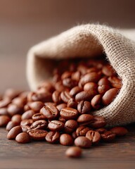 Close Up Macro View of Roasted Coffee Beans Spilling from a Burlap Sack with Warm Dramatic Lighting on a Dark Wooden Surface