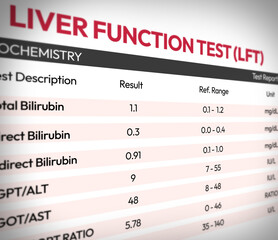 Obraz premium Liver Function Test LFT report showing from the side, billirubin values concept medical health backdrop