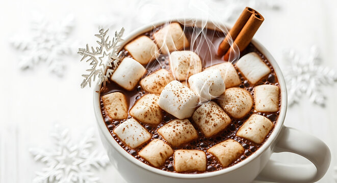 Delicious hot chocolate with marshmallows and cinnamon in winter time