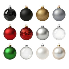 Collection of twelve assorted christmas ornaments in various colors and textures