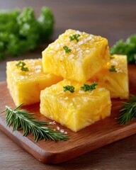 Close Up Macro View Of Sweet Juicy Pineapple Chunks Sprinkled With Coarse Salt And Fresh Parsley Garnishes Placed On A Rustic Wooden Cutting Board With Rosemary Sprigs In Soft Natural Light