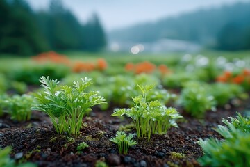 Close up macro view of tiny green carrot sprouts emerging from dark fertile soil in a misty agricultural field with distant blurred orange and white flowers and green trees