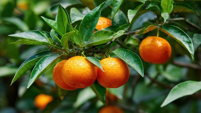 Elegant photo of ripe oranges hanging from a tree branch with green leaves.