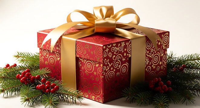 Beautiful Christmas present wrapped with a golden bow on holiday greenery - Powered by Adobe