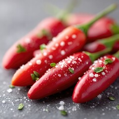 Close-up Macro View Of Vibrant Red Chili Peppers Sprinkled With Coarse Salt And Fresh Herbs On A Dark Textured Surface With Cinematic Lighting