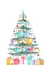 Fototapeta premium Watercolor Christmas tree decorated with colorful ornaments and surrounded by wrapped presents in various shapes and sizes on white background.