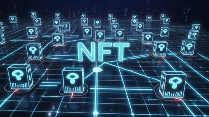 Digital blockchain network displays NFT concept on a grid - Powered by Adobe
