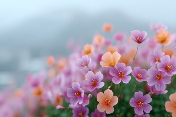 Close up Macro View of Vibrant Wildflowers in Shades of Pink and Orange on a Misty Mountain Background with Soft Natural Lighting