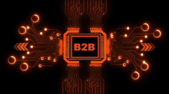B2 B business technology circuit board network connection digital data flow orange glowing lines abstract background with arrows and nodes