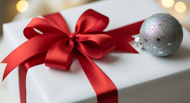 Elegant gift box with red bow and silvery bauble decoration