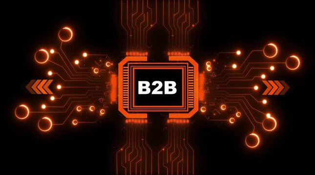 B2 B business technology circuit board network connection digital data flow orange glowing lines abstract background