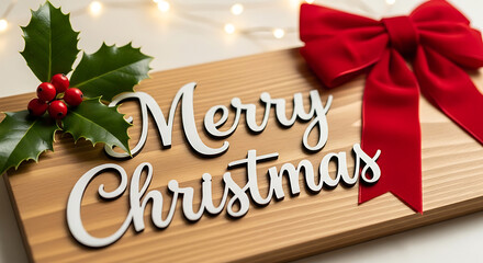 Festive Merry Christmas Display with Holly and Red Ribbon Bow