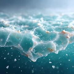 Abstract Macro CloseUp of Frozen Ice Surface Texture With Orange Particles and Bubbles Under Blue Water And Soft Natural Light