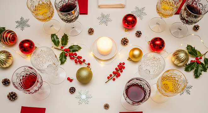 Festive Christmas table setting with wine glasses and holiday decorations