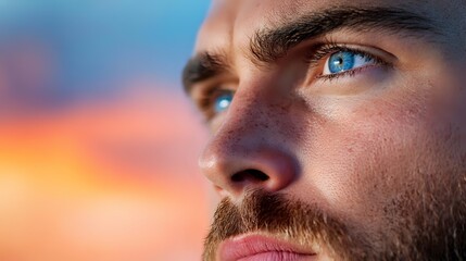 Obraz premium Close-up portrait of Caucasian man with striking blue eyes and beard against colorful sunset background, conveying contemplation and determination.