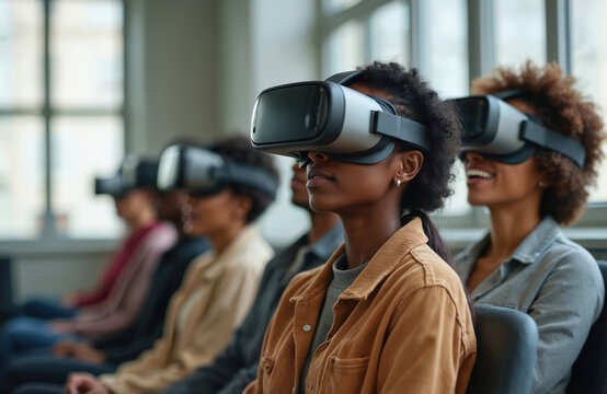 Diverse group sits wearing VR headsets for immersive virtual reality experience. People engage in shared digital simulation, learning entertainment in modern tech environment. Future tech for teams. - Powered by Adobe