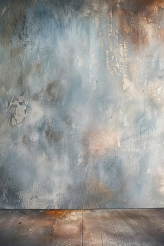 Light studio backdrop with blue and brown tones. Painted canvas background on the wall.