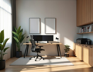 Fototapeta premium Modern home office with dual monitors and plants. Wooden cabinets and shelves offer storage. Two blank frames on wall await custom art. Sunlight streams into clean workspace, ideal for remote work.
