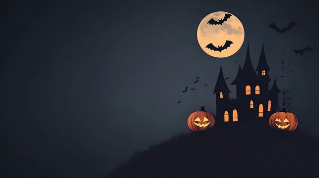 Spooky Halloween scene with haunted castle silhouette on dark hill, glowing jack o lanterns, full moon and flying bats against navy blue night sky background.