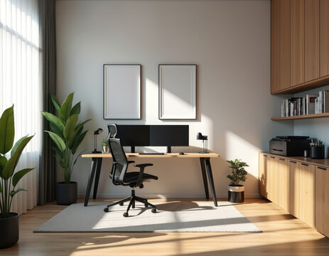 Modern home office with dual monitors and plants. Wooden cabinets and shelves offer storage. Two blank frames on wall await custom art. Sunlight streams into clean workspace, ideal for remote work.