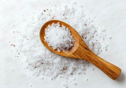 Wooden spoon filled with coarse sea salt crystals on white background, perfect for food preparation and culinary photography.