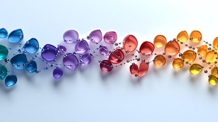 Colorful translucent glass beads arranged in rainbow spectrum from blue to orange on white background, creating vibrant jewelry design elements.