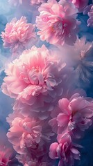 Fototapeta premium Delicate pink peonies in full bloom against misty blue background create dreamy floral composition with soft focus and ethereal lighting effect.