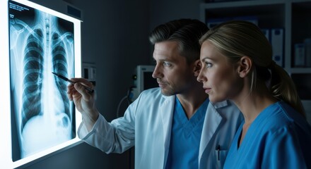 Caucasian medical professionals analyzing chest x-ray in hospital radiology room