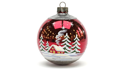 Red Christmas Ornament with a Winter Scene on a White Background